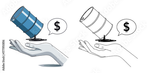 Blue oil barrel spilling black liquid onto open hand with dollar sign speech bubble