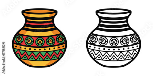 Colorful patterned vase and black outline vase on white background ceramic pottery