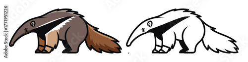Cartoon anteater with brown fur and black stripe next to outline animal wildlife
