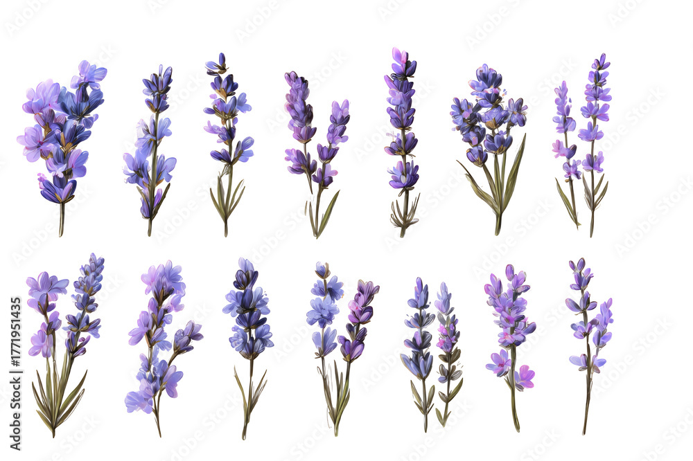 Fototapeta premium Collection of purple lavender sprigs with green stems and leaves detailed botanical art against a dark backdrop isolated on transparent background