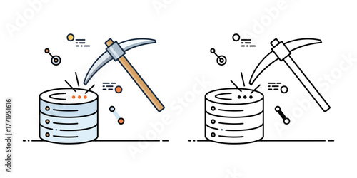 Flat icon of pickaxe striking database with data points and connections data mining