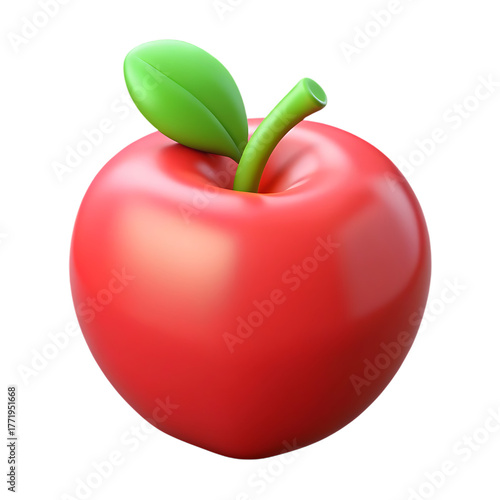 A single red apple with a green leaf and stem, isolated on transparent background