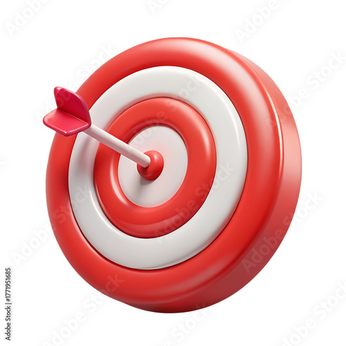Red dart hitting the bullseye on a target, isolated on transparent background