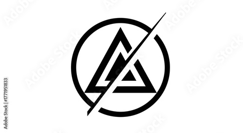 A black and white abstract symbol featuring a triangle within a circle, bisected by a diagonal line.