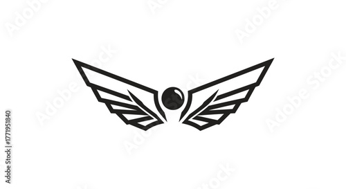 Minimalist black winged emblem with a central sphere, isolated on a white background.