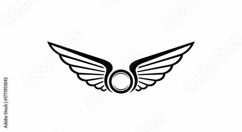 Black and white illustration of stylized wings with a circular emblem in the center, symmetrical design.