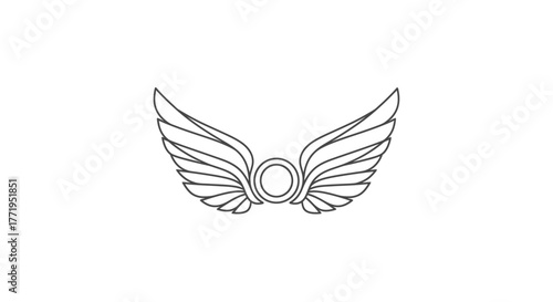 A minimalist line art illustration of a pair of stylized wings with a circular emblem in the center.