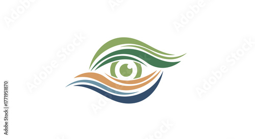 Stylized eye logo with flowing green, orange, and blue wavy lines, representing vision, insight, and dynamic perspective.
