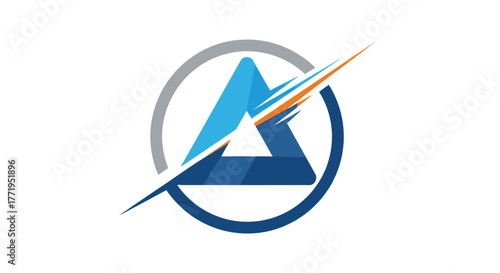 Abstract logo design featuring a blue triangle inside a grey circle with an orange swoosh.