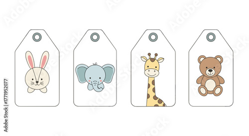 Cute animal faces on gift tags vector set for baby shower and kids party decoration
