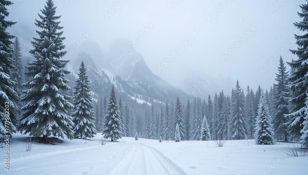 Fototapeta premium Serene winter landscape with snowy forest for travel advertising and nature themed web design
