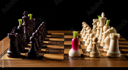 Radish as a pawn on chessboard, a concept of strategy for business innovation and leadership