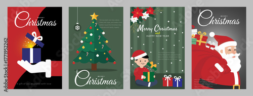 Joyful Christmas Poster Set Featuring Santa, Sparkling Tree, and Magical Gifts in Modern Flat Illustration Style