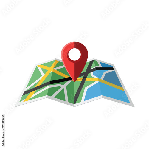 Red map pin marker on folded abstract map with green blue yellow and black lines location