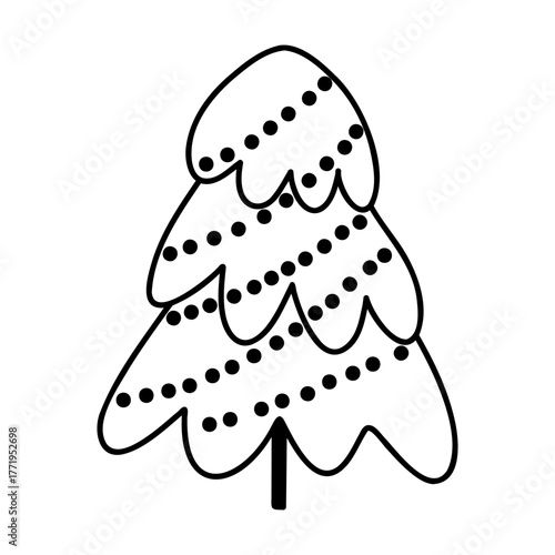 Christmas tree vector illustration, hand drawn pine tree doodle. Christmas and New Year symbol. Unique silhouette icon for festive winter designs and decorations.