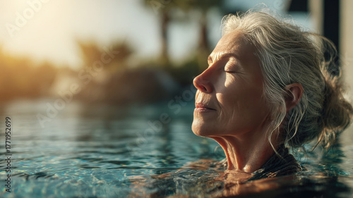 Senior Woman Meditating in Sunlit Pool Embracing Serenity and Balance