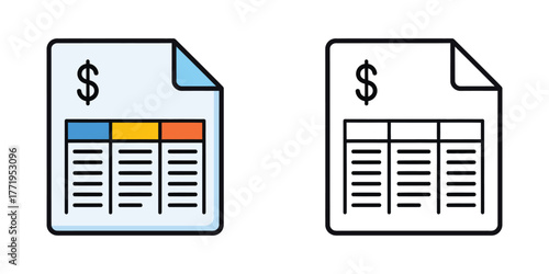Two document icons one colored with dollar sign and table one black and white spreadsheet