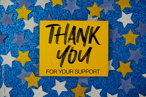 Konstfotografi Thank You For Your Support Card on Blue Glitter Star Background