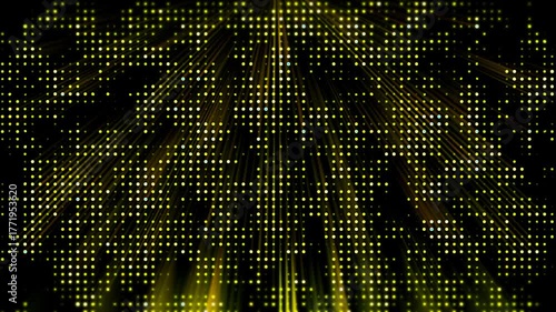 Abstract luminous dots pulse, emitting vibrant beams against a dark surface.