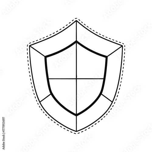 Simple black and white shield outline with dashed border and internal divisions security