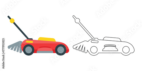 Red and yellow lawn mower with grey brush and outline version garden equipment red lawn mower