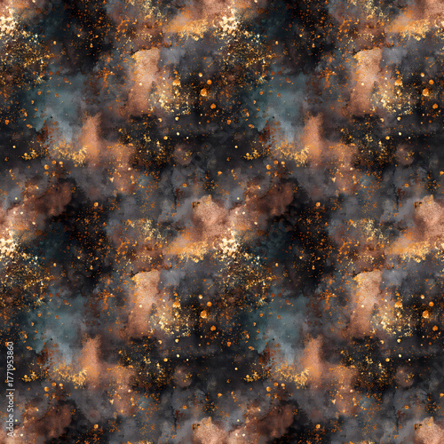 Seamless artistic watercolor pattern in deep brown, black, and golden shades featuring metallic splashes and cloudy texture, perfect for elegant fabric prints, luxury wallpaper, and modern wrapping de