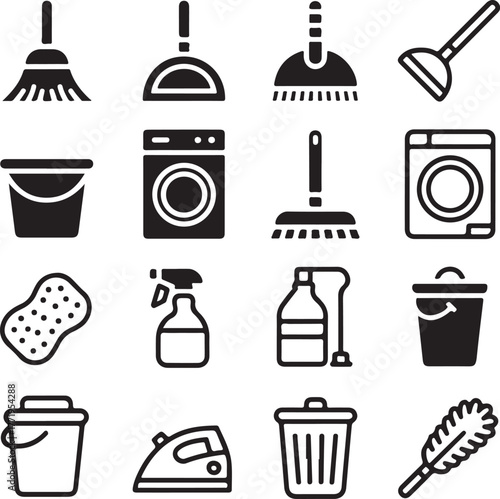 Collection of cleaning supplies and tools icons for household chores and hygiene tasks