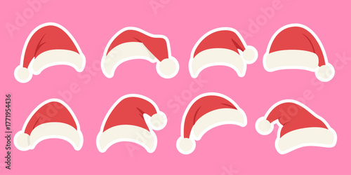 Santa hat sticker set in bright red and white colors. Collection of festive Christmas and New Year icons showing cheerful winter accessories, holiday symbols, and seasonal celebration elements