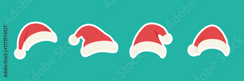 Santa Hats Sticker Collection with Various Shapes for Christmas and New Year Holiday Decoration, Vector Illustrations of Red Santa Caps with White Trim for Festive Design, Gift and Winter Theme