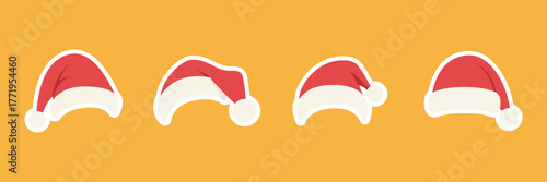 Santa Hats Sticker Set for Christmas and New Year Holiday Decoration, Vector Collection of Red Santa Caps with White Trim for Festive Design, Celebration, Gift and Winter Season Theme