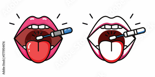 Open pink lips with tongue out and toothbrush cleaning teeth illustration mouth