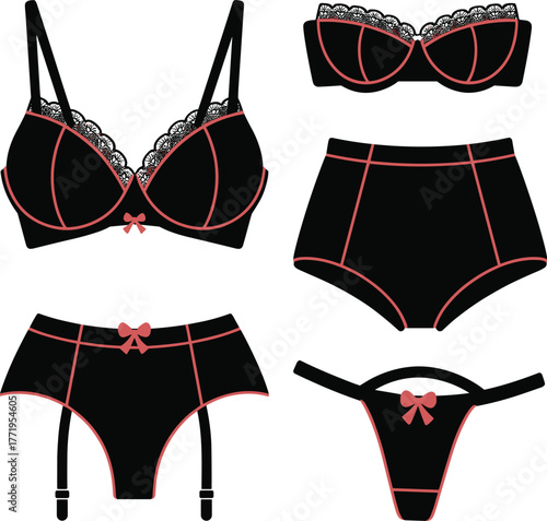 Complete Black and Red Lace Lingerie Set, Bra, Garter, High-Waist Panty, Boy Short Collection Flat Vector Illustration, cad drawing flat vector illustration.