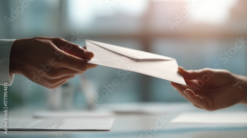 Professional Hands Passing Envelope in Office Setting with Soft Natural Light