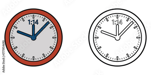 Two cartoon clocks one colored one black and white showing 114 time digital time