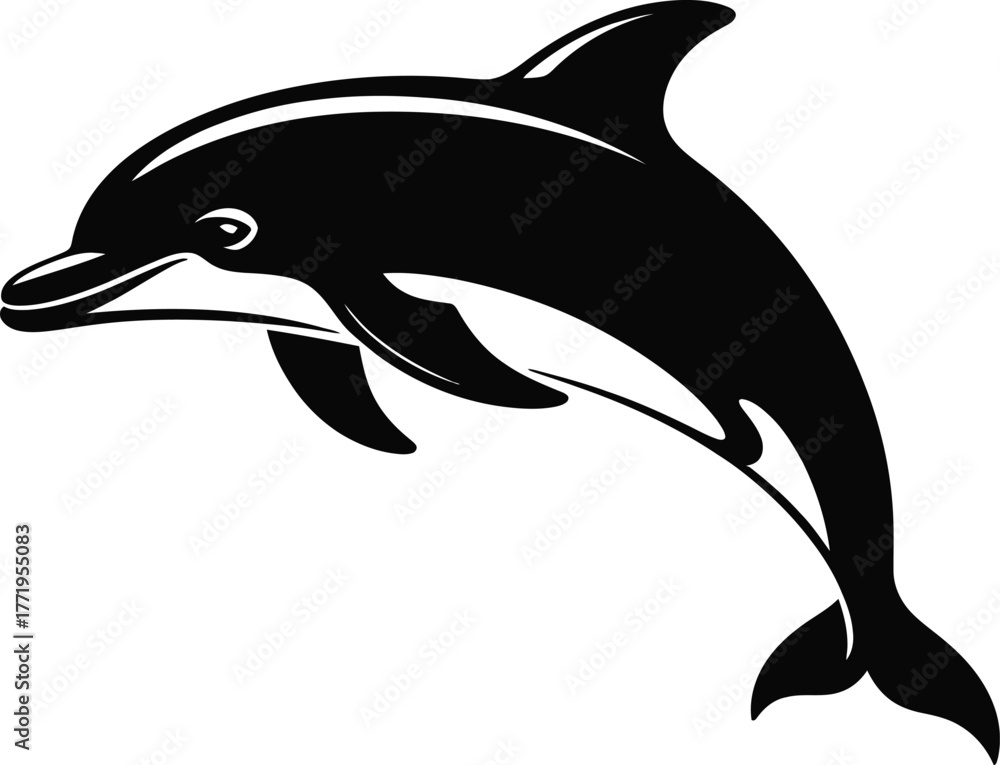 Fototapeta premium Black silhouette of a dolphin on white background