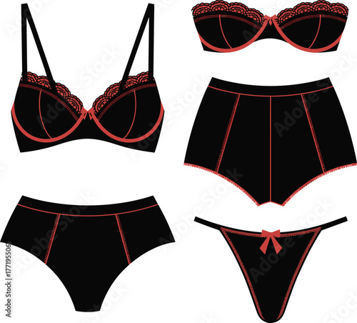 Black and Red Lace Lingerie Set, Bra, High-Waist Panty, Boy Short, Thong, Underwear Collection Flat Vector Illustration, cad drawing flat vector illustration.