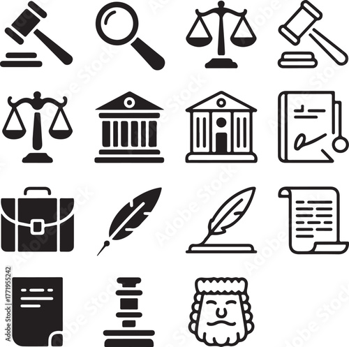 Collection of legal icons representing justice law and court proceedings icons
