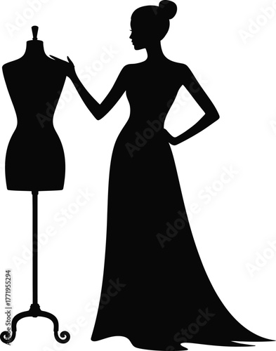 Fashion designer silhouette with sewing machine and fabric