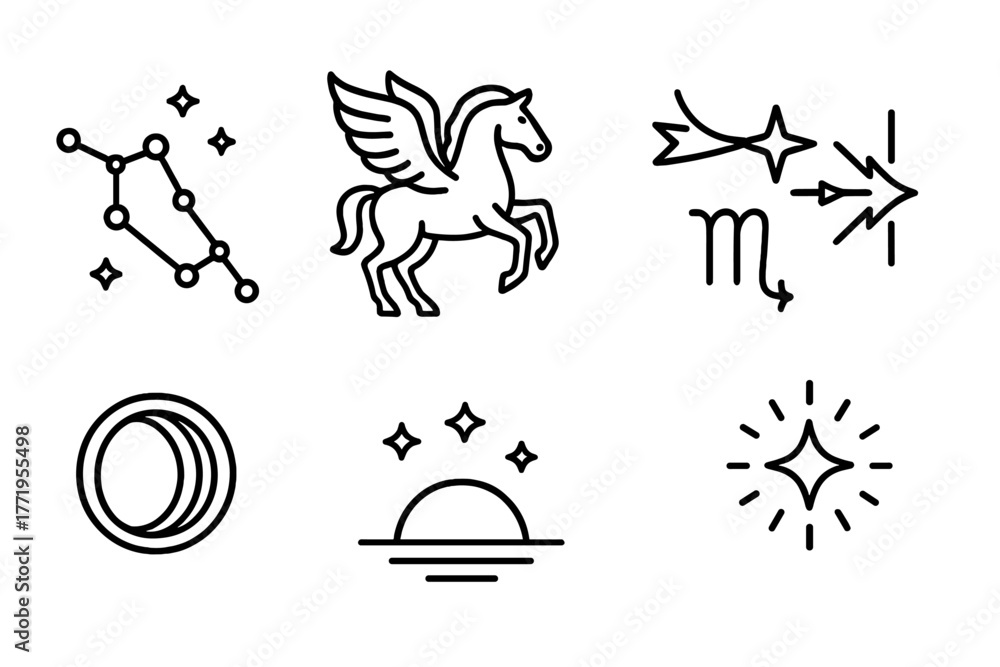 Fototapeta premium Celestial Icon Collection. Line style icons of Constellation: Star Map, Mythical Creature, Navigation Stars, Astrological Symbol,