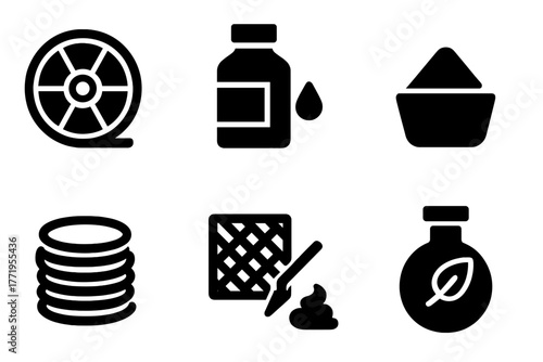 3D Printing Materials. Solid style icons of Materials for Printing: PLA spool, ABS spool, resin bottle, metal powder, nylon