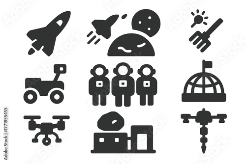Space Frontier Icons. Solid style icons of Space Frontiers: starship, planetary landing, terraforming tool, exploration rover,