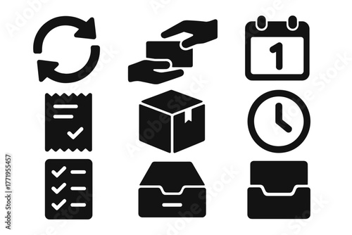 Borrowing and Returning Icons. Solid style icons of borrowing and returning: arrows in a loop, hand passing item, calendar date,