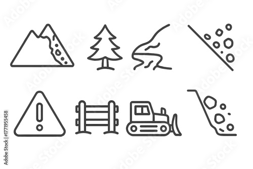 Landslide Icons Collection. Line style icons of Landslide Environment: Mountain, Tree, Slumping Ground, Debris Flow, Rockfall,