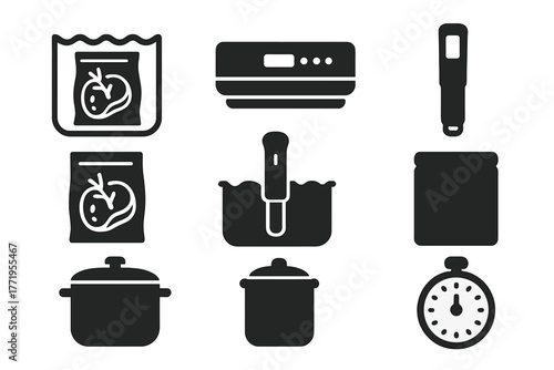 Sous Vide Essentials Icons. Solid style icons of Sous Vide Cooking: water bath, vacuum sealer, precision heater, herb-infused bag,