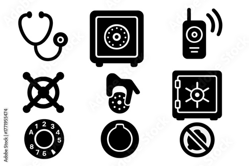 Safe Cracking Icons. Solid style icons of Safe Cracking: stethoscope, dial safe, listening device, pressure wheel, unlocking hand,