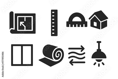 Efficient Design Icons. Solid style icons of efficient design: blueprint, ruler, protractor, 3D house model, window frame,