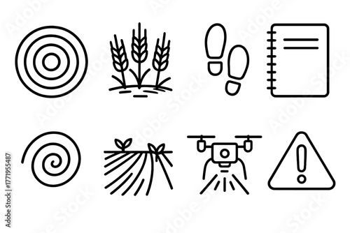 Crop Circle Icons. Line style icons of Crop Circle: Concentric Circles, Flattened Barley, Footprints, Notebook, Spiral Pattern,
