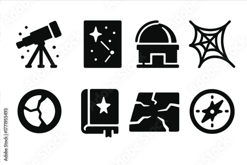 Forgotten Observatory Icons. Solid style icons of Forgotten Observatory: dusty telescope, star charts, rotating dome, cobwebs,