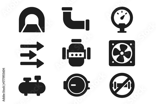 Vacuum Tube Elements. Solid style icons of vacuum tubes: tunnel, pipe, pressure gauge, airflow arrows, sealed chamber, fan,
