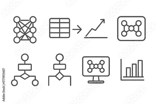 Machine Learning Icons. Line style icons of Machine Learning: Neural Network, Training Data, Prediction, Model, Algorithm,